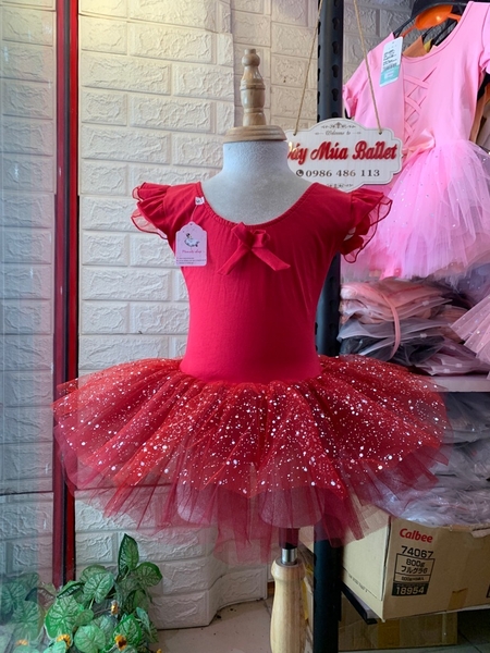 Váy múa tay tiên đỏ đô nhũ lấp lánh