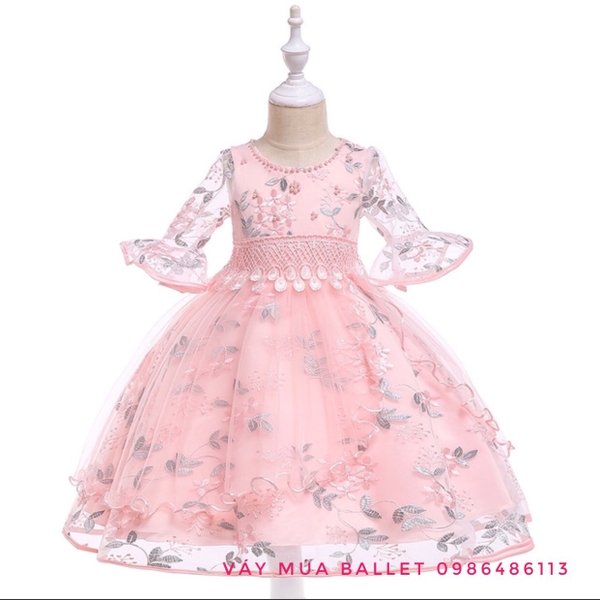 Váy công chúa ren 3D tay loe lỡ màu hồng, ghi