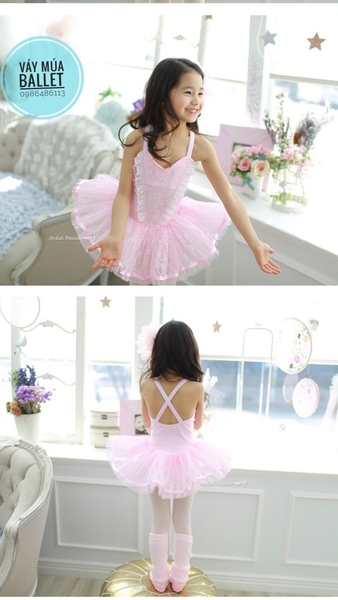 Váy múa 2 dây chéo phối ren mềm mại