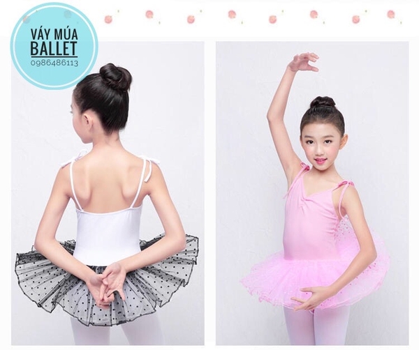 Váy múa 2 dây chấm bi hồng