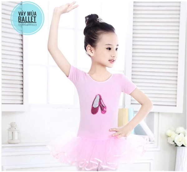 Váy múa kimsa giày tay ngắn màu hồng, tím