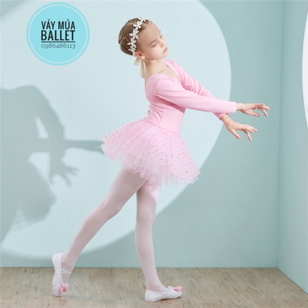 Váy múa basic chân váy chấm bi dài tay (đen, hồng, tím)