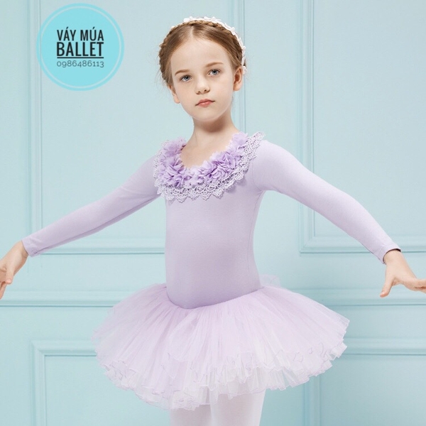 Váy múa cổ hoa ngọc dài tay (hồng, trắng, tím)