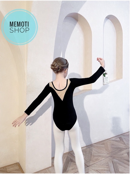 Set áo váy múa V lưng bi đen dài tay