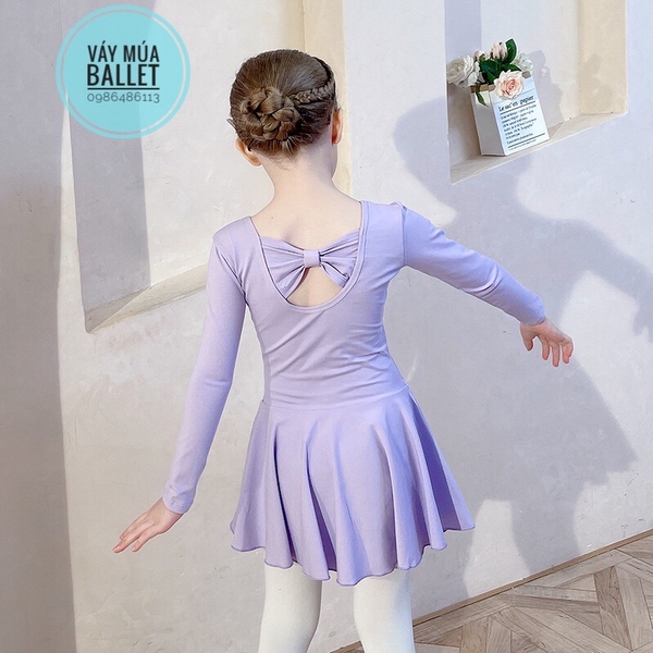 Váy tập múa cotton nơ lưng dài tay hồng