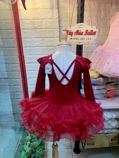 Váy múa thun nhũ tiên tutu đỏ đô dài tay