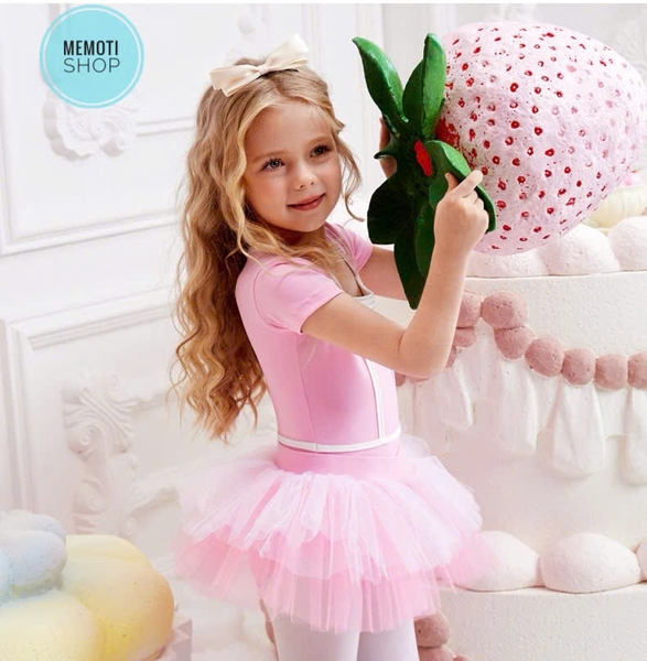 Set áo váy múa đáp ngực tay ngắn hồng