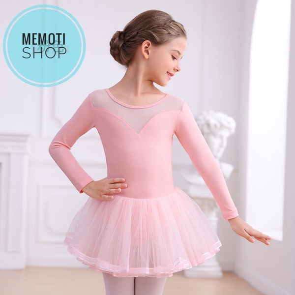 Váy múa V lưng viền dài tay (hồng, tím, xanh)