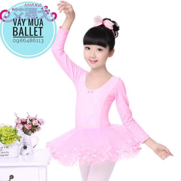 Váy múa phối ren dài tay màu tím, hồng