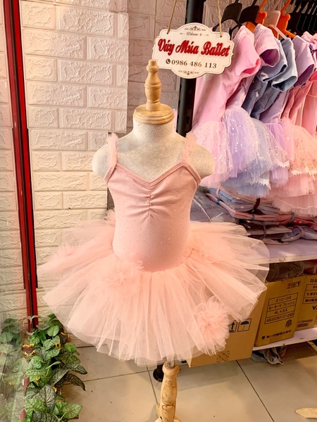 Váy múa cotton đá dây voan hoa bồng