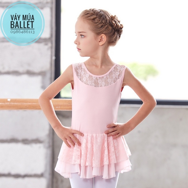 Váy tập múa ba lỗ phối ren 2 tầng (hồng, đen)