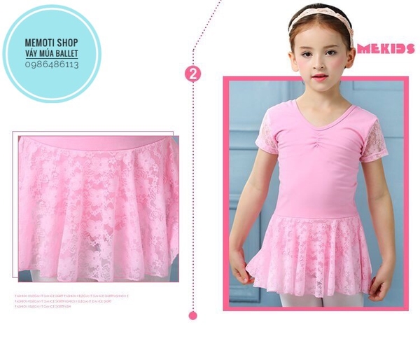Váy tập múa ren ngắn tay (trắng, hồng)