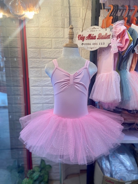 Váy múa dây nơ đáp ngực hồng lấp lánh