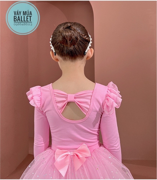 Set áo váy múa tiên nơ lưng sao dài tay (hồng, trắng)