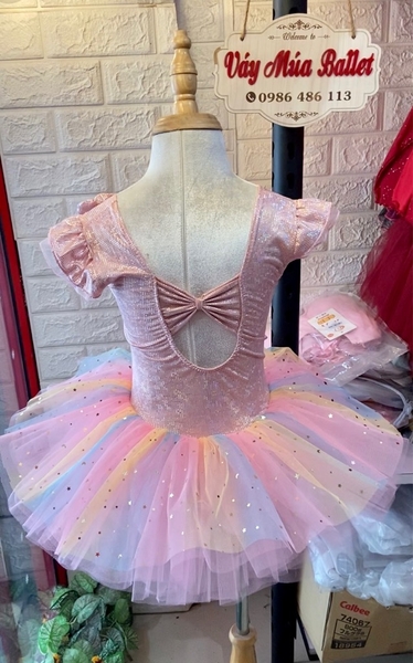 Váy múa tay tiên thun lấp lánh cầu vồng hồng