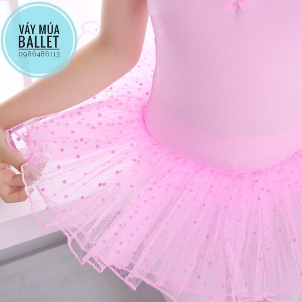 Váy múa 2 dây chấm bi hồng