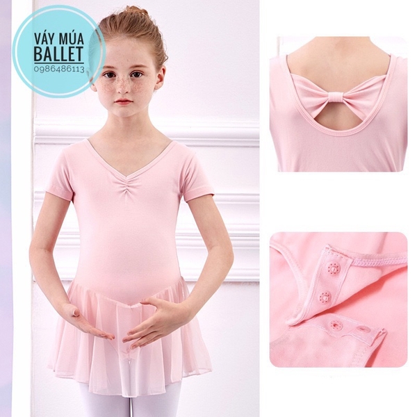 Váy tập múa nơ lưng chân váy voan tay ngắn xanh