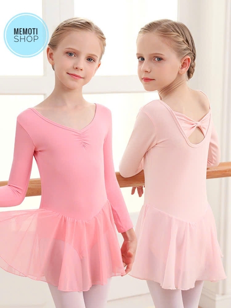 Váy tập múa voan dài tay hồng phấn