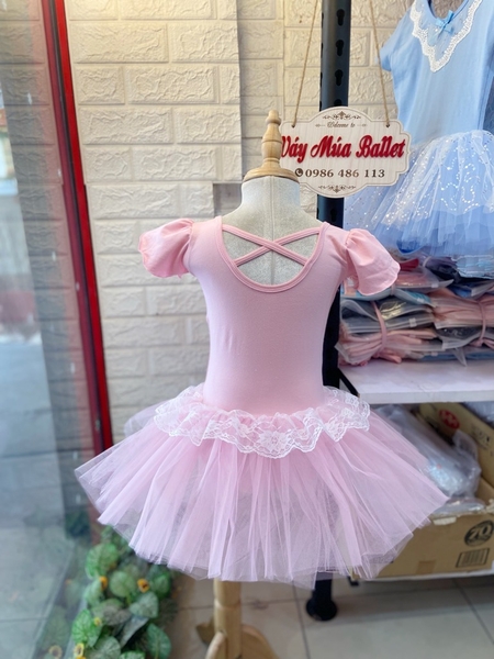 Váy múa phối ren ngực bèo tay búp (hồng, xanh, vàng)