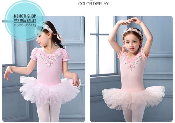 Váy múa cổ hoa hồng tay búp xẻ (hồng, kem nude)