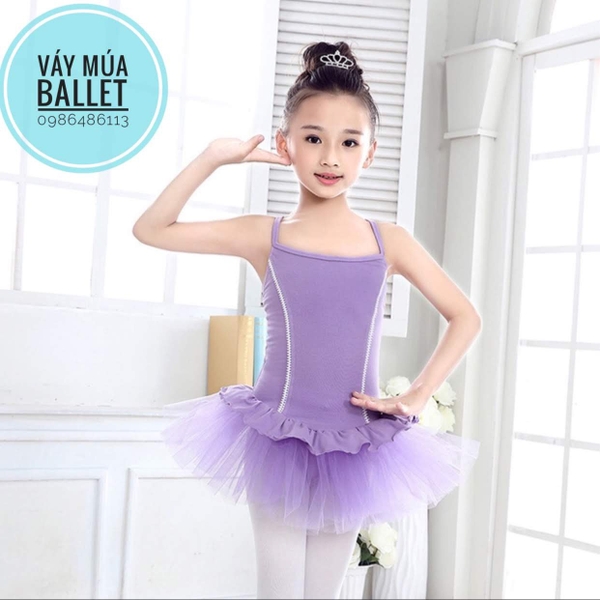 Váy múa 2 dây bèo xoè màu tím, hồng