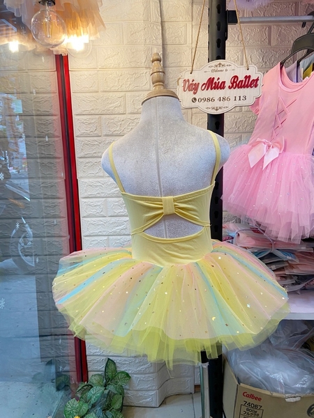 Váy múa 2 dây nơ lưng cầu vồng (vàng, hồng)