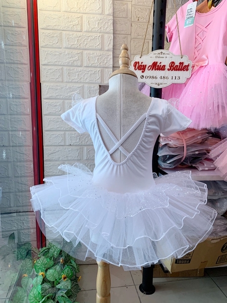 Váy múa tiên tay ngắn von lấp lánh trắng