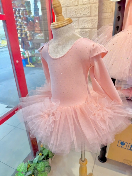 Váy múa tiên dài tay cotton đá hoa bồng