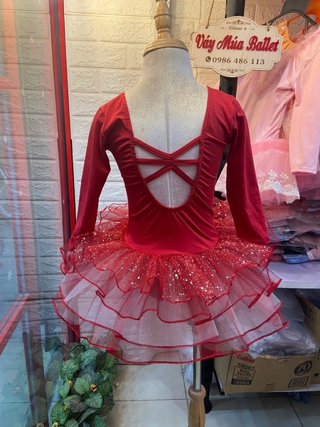 Váy múa đan lưng lấp lánh đỏ đô dài tay
