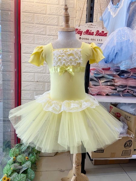 Váy múa phối ren ngực bèo tay búp (hồng, xanh, vàng)