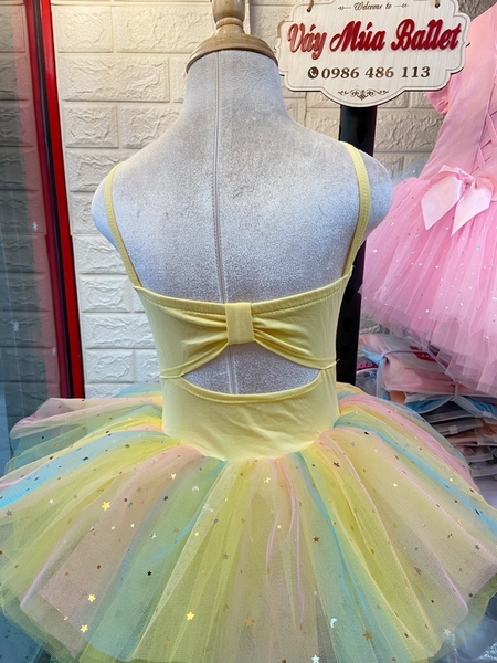 Váy múa 2 dây nơ lưng cầu vồng (vàng, hồng)