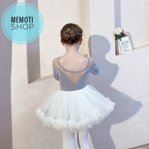 Set áo váy múa V lưng tutu dài tay (đen, ghi)