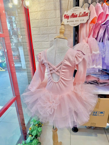 Váy múa tiên dài tay cotton đá hoa bồng