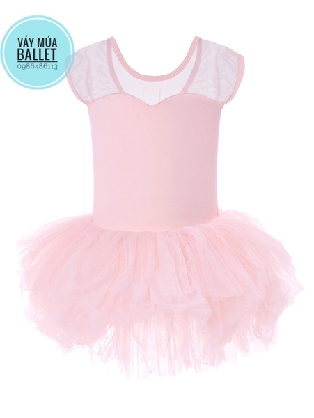 Váy múa phối voan lưng mềm tay ngắn (hồng, đen)