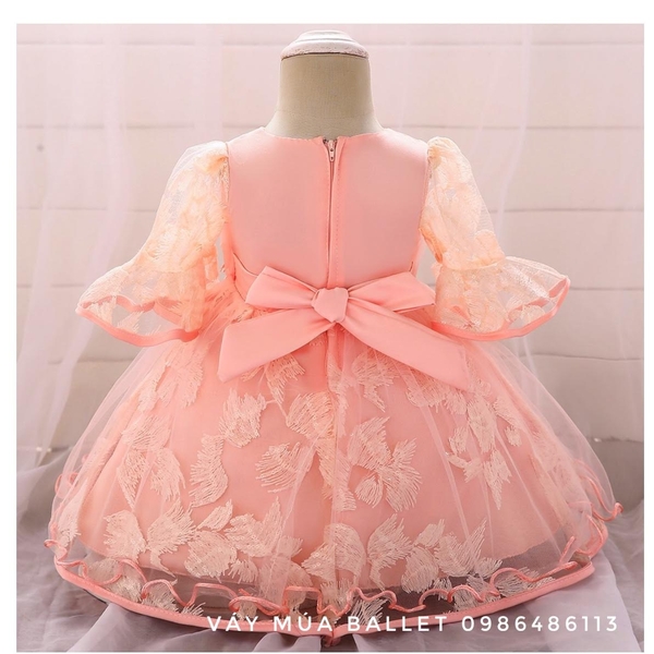 Váy công chúa hoa ngực 3D tay loe lỡ màu hồng, cam, tím