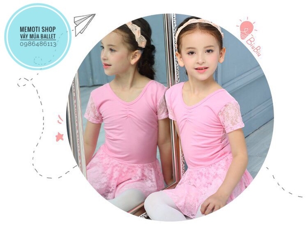 Váy tập múa ren ngắn tay (trắng, hồng)