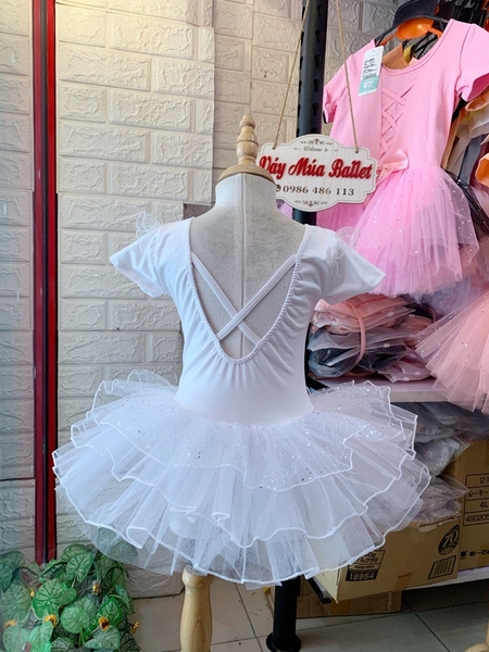 Váy múa tiên tay ngắn von lấp lánh trắng