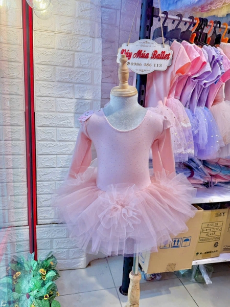 Váy múa tiên dài tay cotton đá hoa bồng