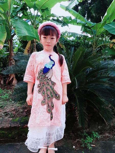 Bộ áo dài ren công hồng