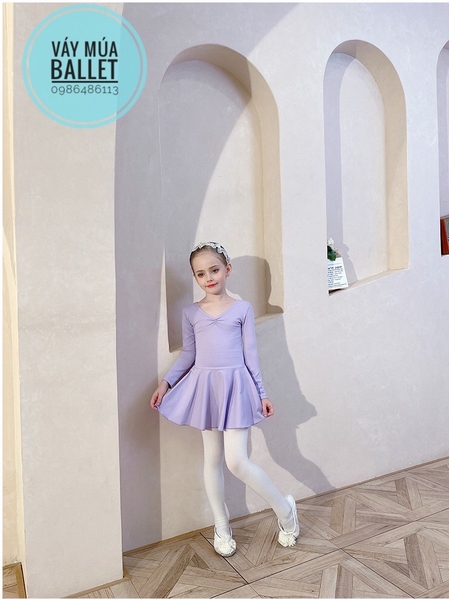 Váy tập múa cotton nơ lưng dài tay hồng