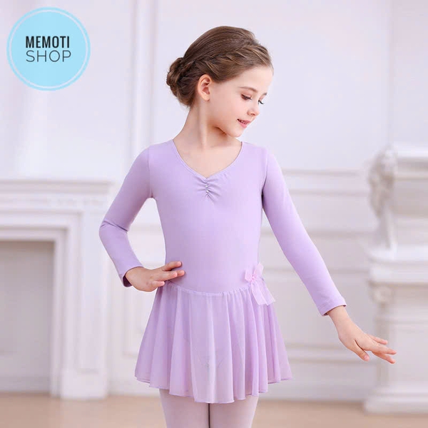 Váy tập múa voan nơ eo dài tay (hồng, tím, xanh)
