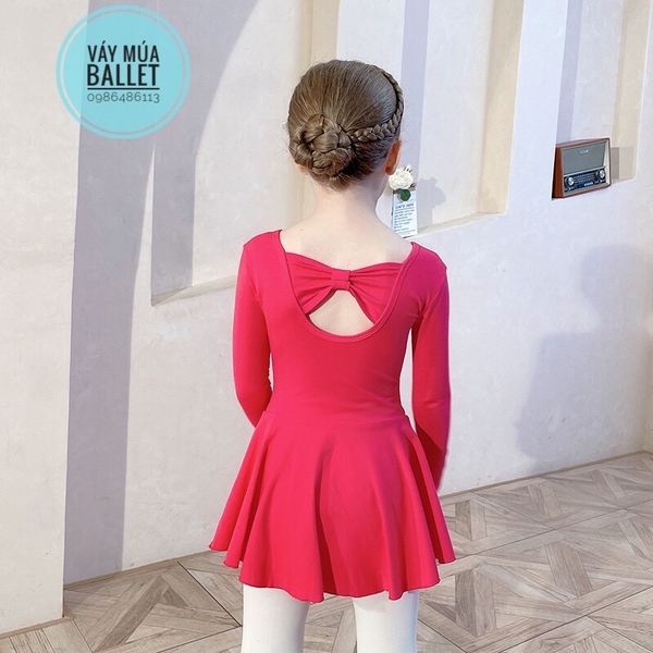 Váy tập múa cotton nơ lưng dài tay hồng