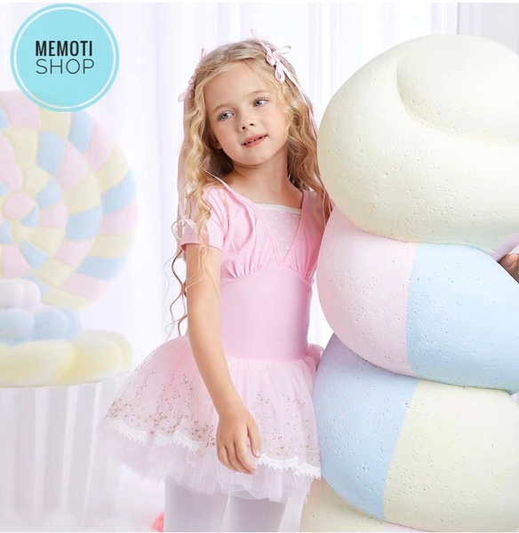 Váy múa đáp ngực phối chân ren tay ngắn (tím, xanh, hồng)