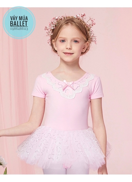 Váy múa phối ren ngực sao tay ngắn (tím, xanh, hồng)