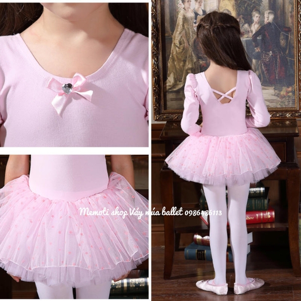 Váy múa nơ sao hồng dài tay