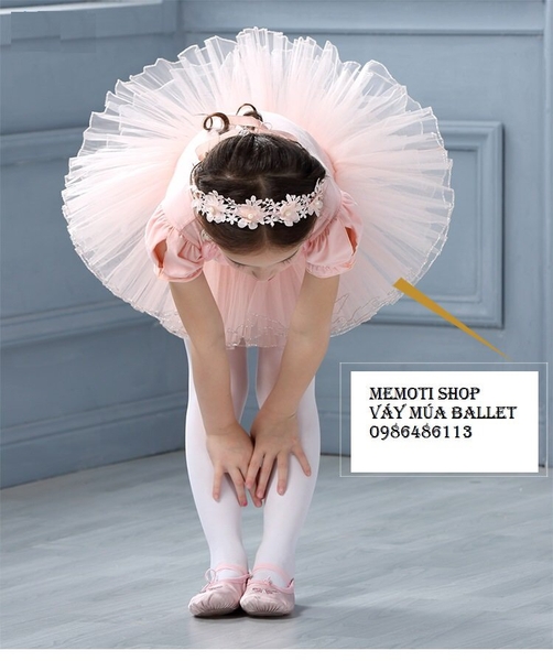 Váy múa cổ hoa hồng tay búp xẻ (hồng, kem nude)