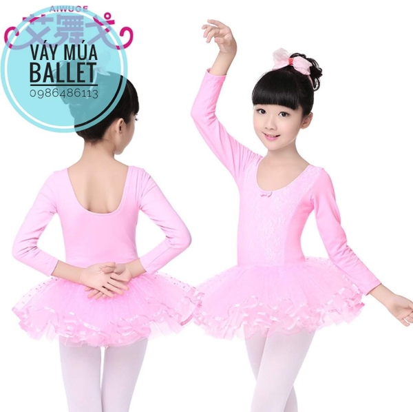 Váy múa phối ren dài tay màu tím, hồng