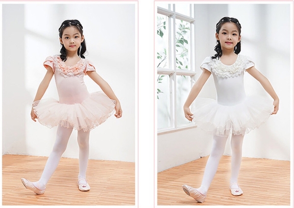 Váy múa hoa cổ ren ngọc (hồng, trắng)