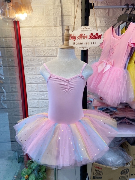 Váy múa 2 dây nơ lưng cầu vồng (vàng, hồng)