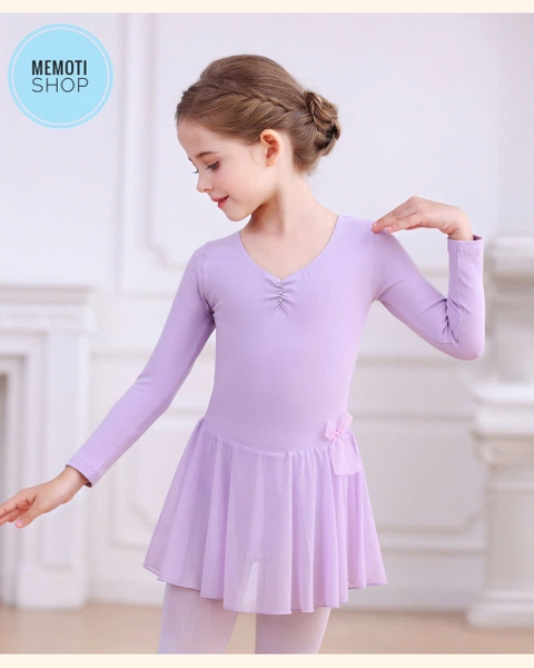Váy tập múa voan nơ eo dài tay (hồng, tím, xanh)